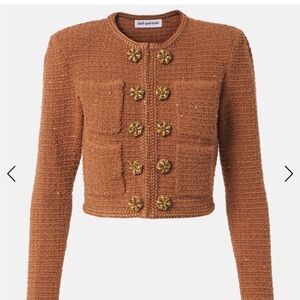 Self-Portrait Camel Tweed Blazer with Gold Buttons